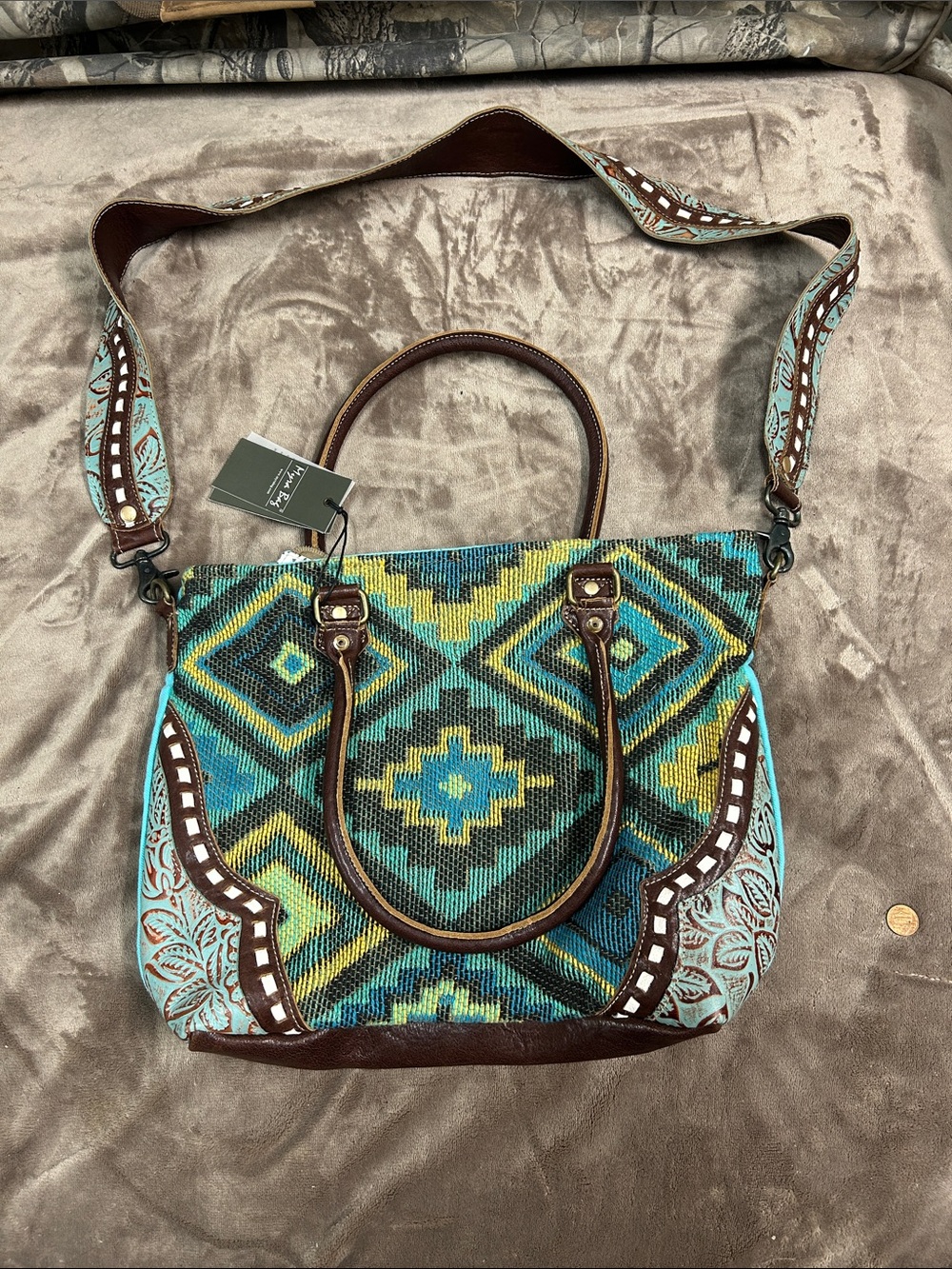 Myra Bag Turquoise, Teal & Brown Aztec Tote